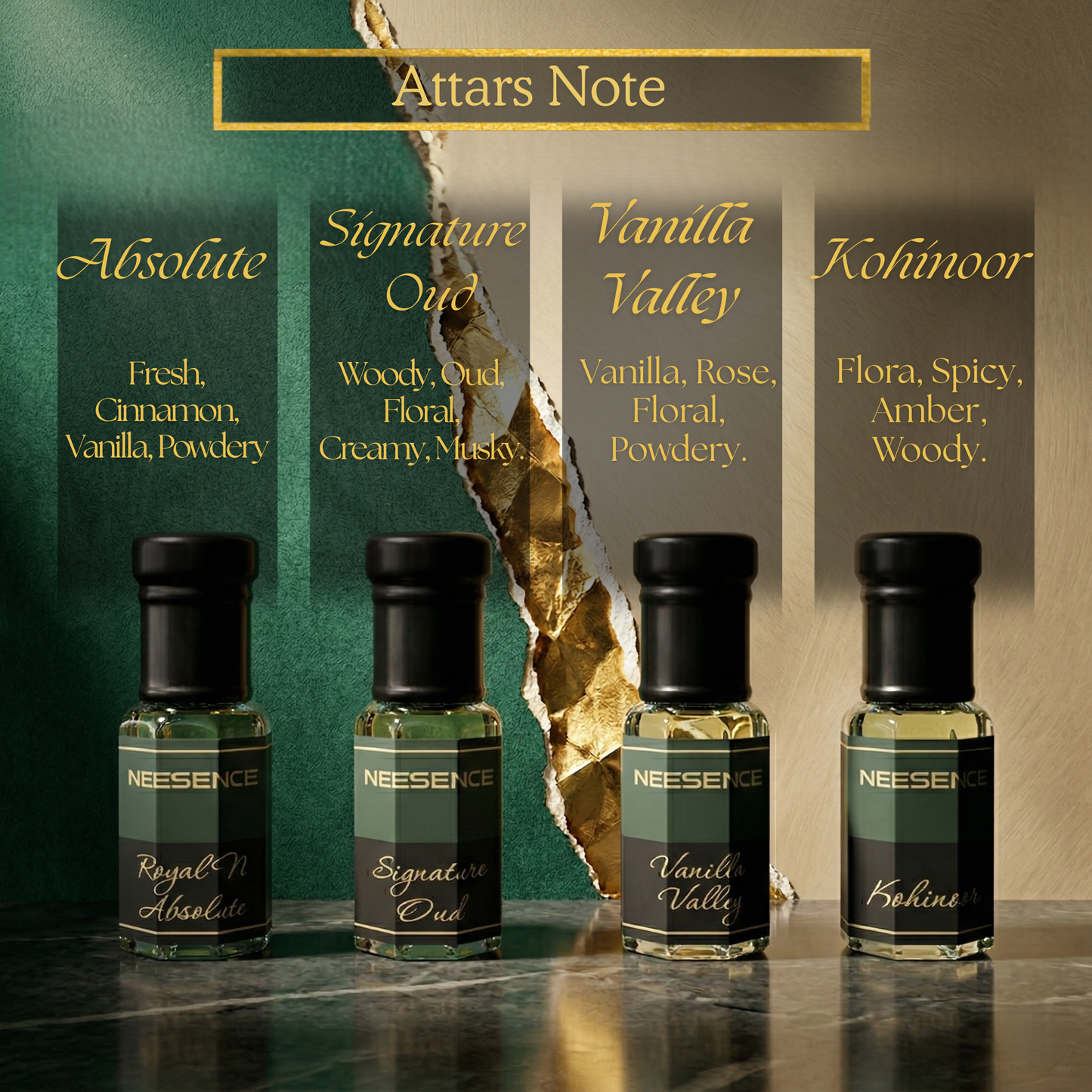 NEESENCE 1st Signature series Attar Combo – Absolute, kohinoor, Signature Oud, Vanilla Valley