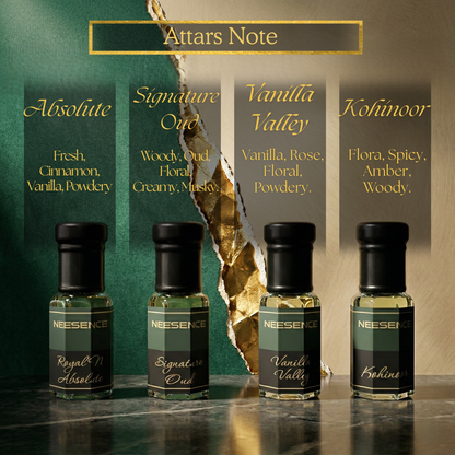 NEESENCE 1st Signature series Attar Combo – Absolute, kohinoor, Signature Oud, Vanilla Valley