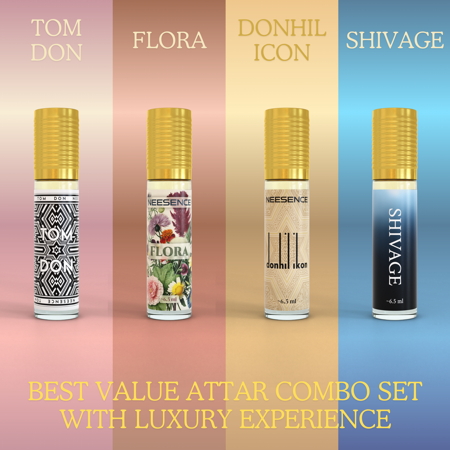 NEESENCE Luxury Attar Combo Set 6.5ml each Pack of 4 | Super Long Lasting 100% Alcohol Free & Pure | Best For Men Women Itra | SRK Special Luxury Perfume Oil