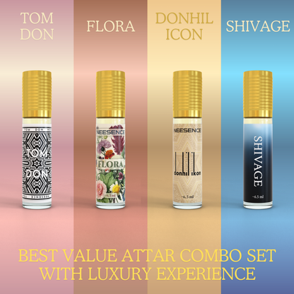 NEESENCE Luxury Attar Combo Set 6.5ml each Pack of 4 | Super Long Lasting 100% Alcohol Free & Pure | Best For Men Women Itra | SRK Special Luxury Perfume Oil